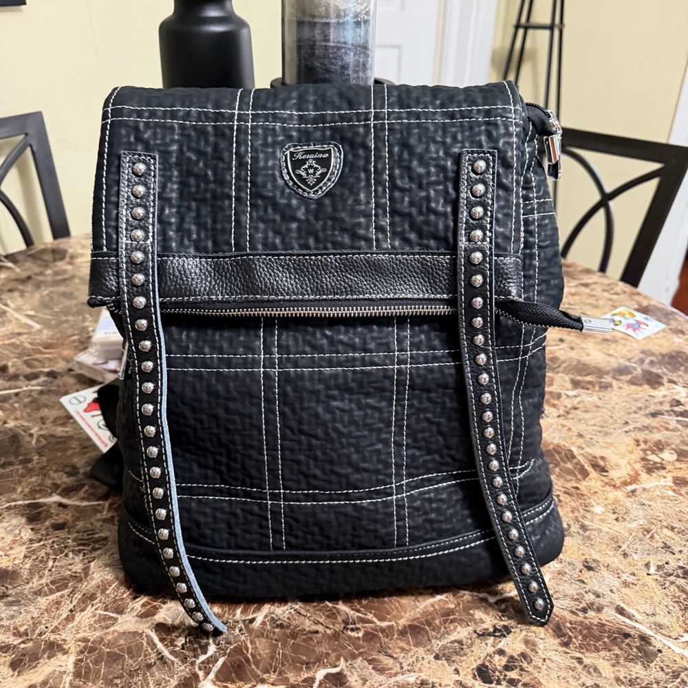 Stylish Black Quilted Genuine Leather Backpack with Studded Straps